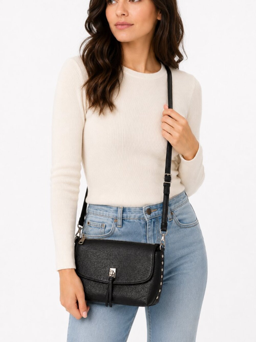 Rebecca Minkoff Mini MAC Black Pebbled Leather Crossbody Bag Silver Hardware